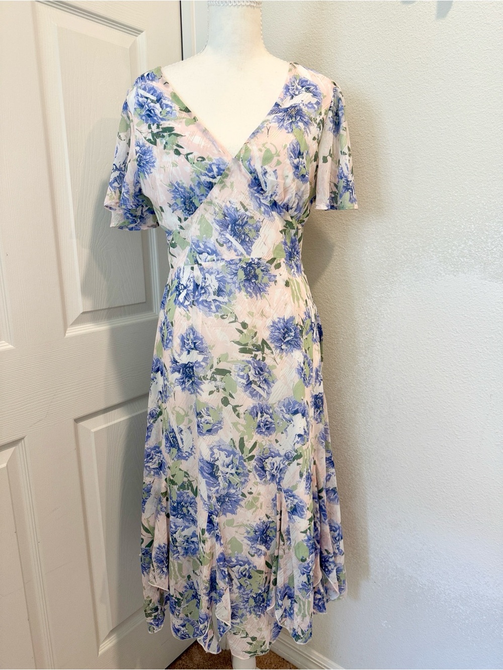 Floral Wrap Midi Dress in Blue and Cream Tones